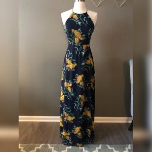 Lulu’s Navy Blue w/ Yellow Flower Maxi Dress Small